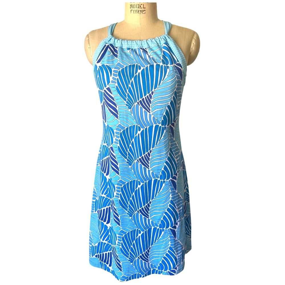 J. McLaughlin Maria Halter Dress in Blue Geometric Print Size Small